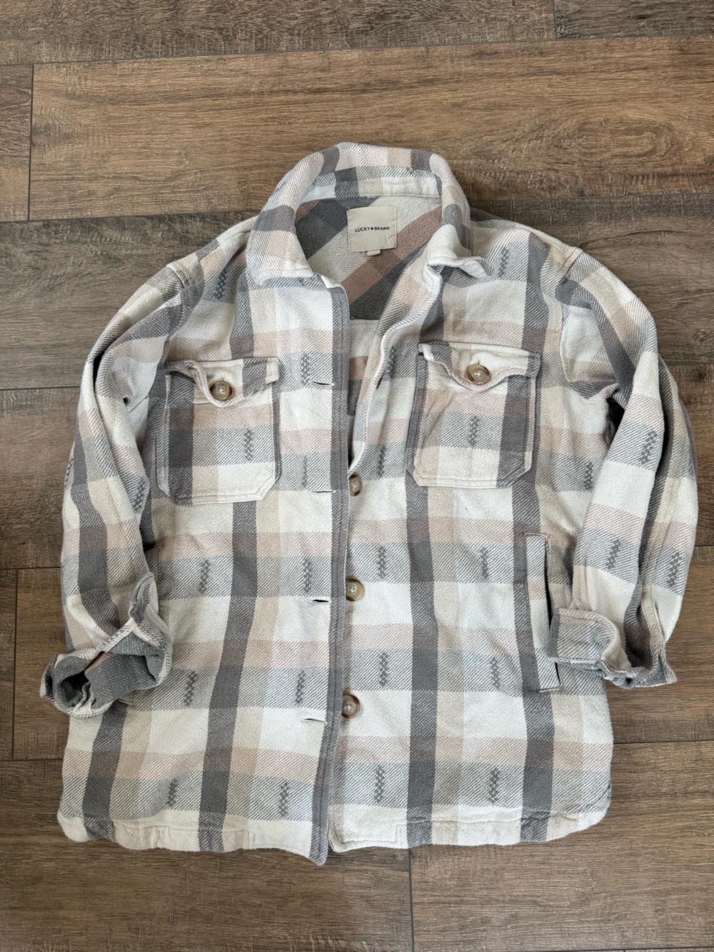 Lucky Brand Plaid Shacket in Cream, Gray & Tan